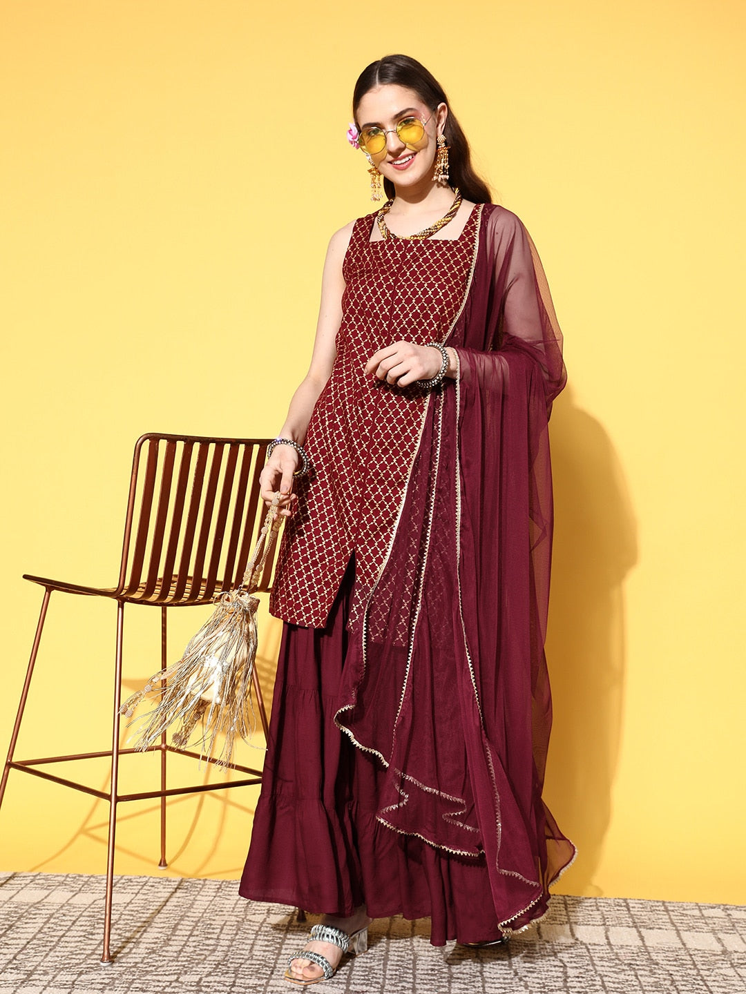 Buy Maroon Straight Cut Kurti With Printed Buttis And Floral Embroidered  Placket With Sequins And Zari Work Online - Kalki Fashion